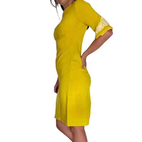 Vintage 1960s Lime Green Shift Dress Stacy Ames Lace Trim Linen Metal Zipper - Picture 4 of 12